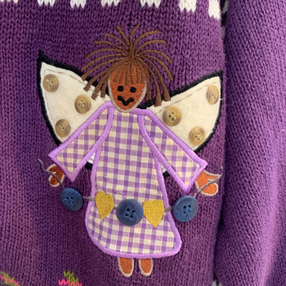 Vintage Quacker Factory Cardigan Sweater Medium Purple Garden Angels Miracles - Picture 9 of 16